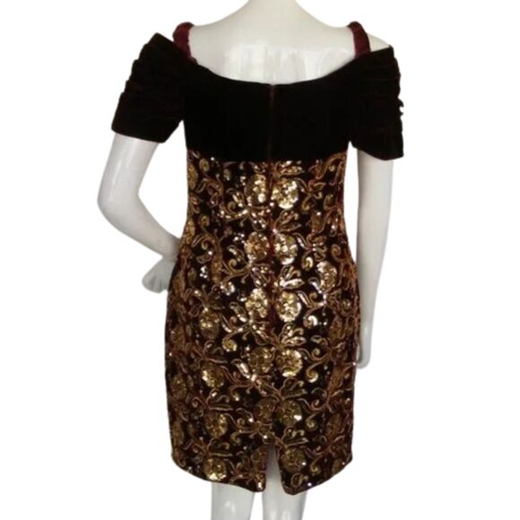JESSICA MCCLINTOCK Evening Dress, S, Red Velvet, Golden Sequins, Off-shoulder - Picture 5 of 14